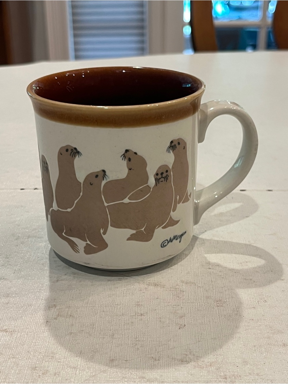 Vintage Otagiri stoneware style Sea Lion Coffee Mug by artist Wendy Morgan.
